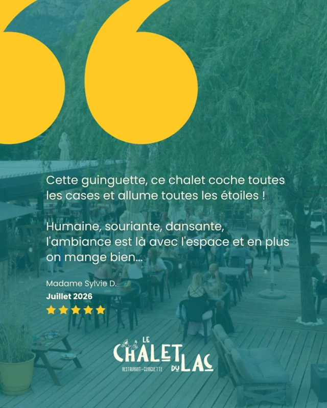 🍽️ 𝑽𝒐𝒖𝒔 𝒆𝒏 𝒑𝒂𝒓𝒍𝒆𝒛 𝒎𝒊𝒆𝒖𝒙 𝒒𝒖𝒆 𝒏𝒐𝒖𝒔 !

Quand on lit ce genre de mots, forcément… ça nous fait chaud au cœur 💛

Parce qu’au restaurant du Chalet du Lac, c’est exactement ce que nous avons envie de vous faire vivre : 𝒃𝒊𝒆𝒏 𝒎𝒂𝒏𝒈𝒆𝒓, 𝒔𝒐𝒖𝒓𝒊𝒓𝒆, 𝒕𝒓𝒊𝒏𝒒𝒖𝒆𝒓, 𝒅𝒂𝒏𝒔𝒆𝒓, 𝒑𝒓𝒐𝒇𝒊𝒕𝒆𝒓 𝒅𝒖 𝒍𝒊𝒆𝒖 𝒆𝒕 𝒔𝒖𝒓𝒕𝒐𝒖𝒕 𝒑𝒂𝒔𝒔𝒆𝒓 𝒖𝒏 𝒃𝒐𝒏 𝒎𝒐𝒎𝒆𝒏𝒕 𝒆𝒏𝒔𝒆𝒎𝒃𝒍𝒆.

Alors quand vous repartez avec des étoiles plein les yeux… et que vous prenez quelques minutes pour nous le raconter, la mission est plutôt bien remplie ✨

Un grand merci pour ce joli témoignage et, plus largement, 𝒎𝒆𝒓𝒄𝒊 𝒂 𝒕𝒐𝒖𝒕𝒆𝒔 𝒄𝒆𝒍𝒍𝒆𝒔 𝒆𝒕 𝒄𝒆𝒖𝒙 𝒒𝒖𝒊 𝒑𝒓𝒆𝒏𝒏𝒆𝒏𝒕 𝒍𝒆 𝒕𝒆𝒎𝒑𝒔 𝒅𝒆 𝒑𝒂𝒓𝒕𝒂𝒈𝒆𝒓 𝒍𝒆𝒖𝒓 𝒆𝒙𝒑𝒆𝒓𝒊𝒆𝒏𝒄𝒆.

Vous êtes déjà venu(e) au Chalet du Lac ?
👉 𝑵’𝒉𝒆𝒔𝒊𝒕𝒆𝒛 𝒑𝒂𝒔 𝒂 𝒏𝒐𝒖𝒔 𝒍𝒂𝒊𝒔𝒔𝒆𝒓 𝒗𝒐𝒕𝒓𝒆 𝒂𝒗𝒊𝒔 𝒔𝒖𝒓 𝑮𝒐𝒐𝒈𝒍𝒆. Vos retours nous font toujours plaisir, nous permettent de continuer à nous améliorer et aident aussi de nouvelles personnes à découvrir le Chalet du Lac. 

𝑳𝒆 𝑪𝒉𝒂𝒍𝒆𝒕 𝒅𝒖 𝑳𝒂𝒄 • 𝑹𝒆𝒔𝒕𝒂𝒖𝒓𝒂𝒏𝒕 & 𝑮𝒖𝒊𝒏𝒈𝒖𝒆𝒕𝒕𝒆
Le goût du partage au bord du lac de La Roche-De-Rame !
☎️ Réservation conseillée au 04•13•38•32•63
🌐 www.lechaletdulac.fr

• • • • 

#guinguette #danser #blindtest #salsaparty #mangerlocal
